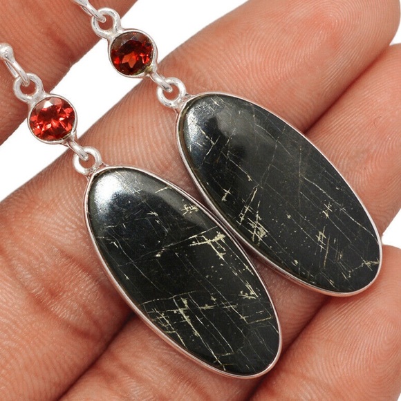 Pyrite in Basalt sterling silver earrings with Garnet or Onyx - Picture 3 of 4